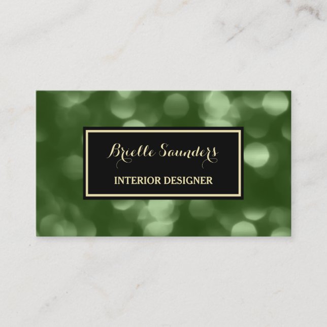 Elegant Interior Design Glamorous Green Luxe Bokeh Business Card (Front)