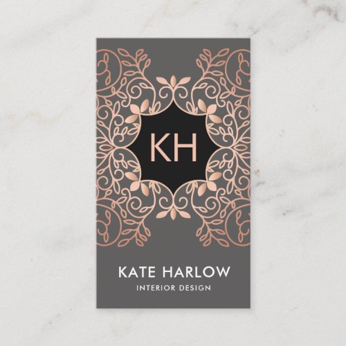 Elegant Interior Design Rose Gold Ornate Monogram Business Card