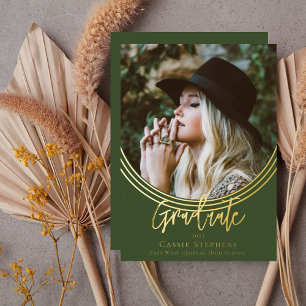 Elegant Inverted Arch Script Graduate Photo Green Foil Invitation