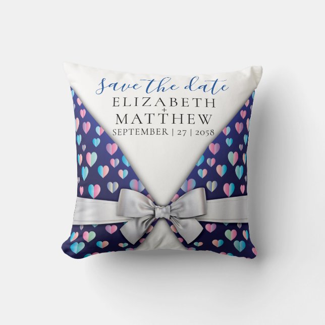Elegant Invitation Bow and Heart Speckles Throw Pillow (Front)