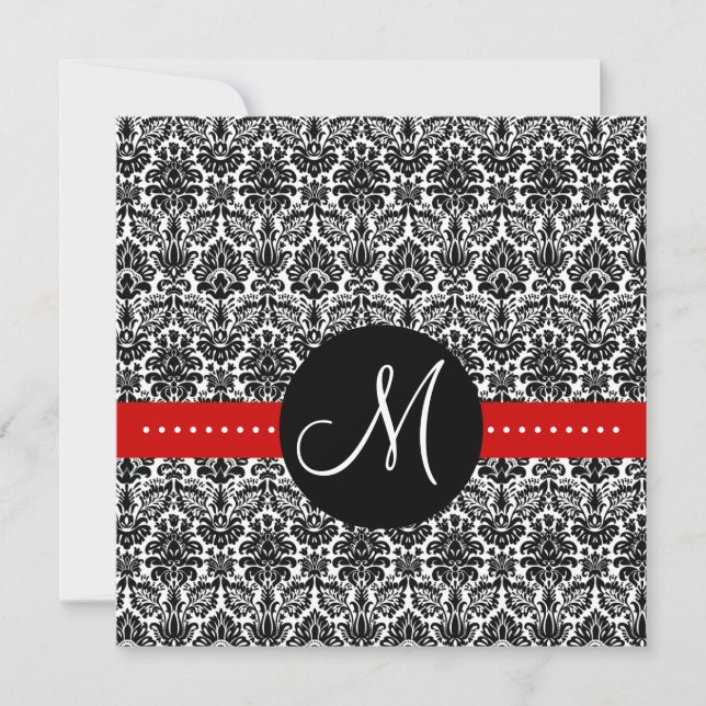 Elegant Invitation Monogram Floral Damask Red (Front)