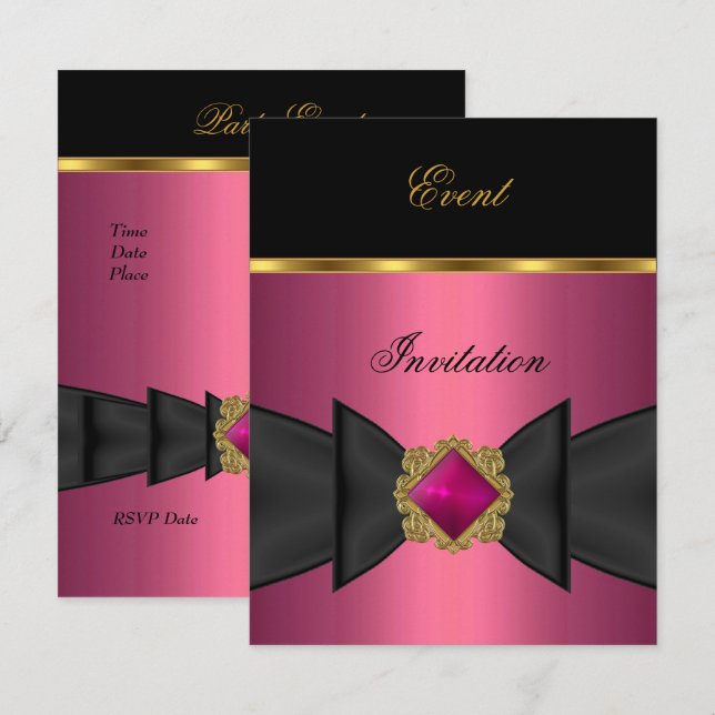 Elegant Invitation Pink Black Gold Bow Jewel (Front/Back)