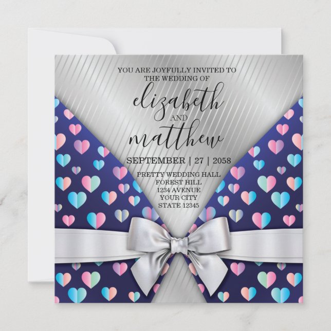 Elegant Invitation Postcard Bow and Heart Speckles (Front)