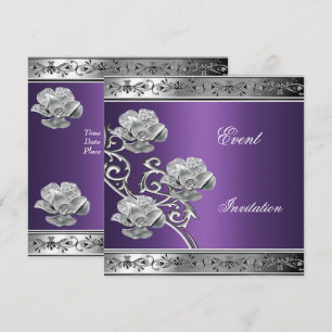 Elegant Invitation Purple Silver Floral Jewel