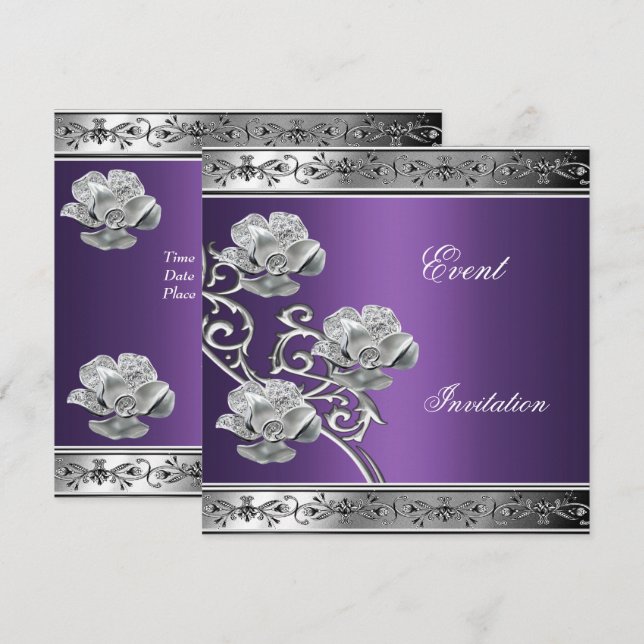 Elegant Invitation Purple Silver Floral Jewel (Front/Back)