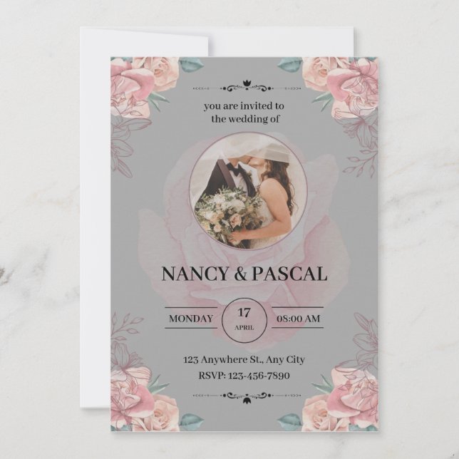 Elegant invitation with gray watercolors and flowe (Front)
