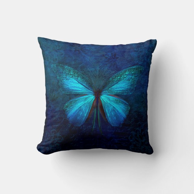 Elegant Iridescent Blue Butterfly Throw Pillow (Front)
