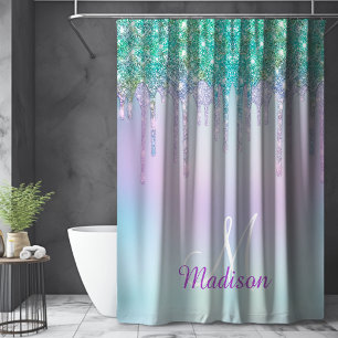 Elegant Iridescent blue glitter drips monogram  Shower Curtain