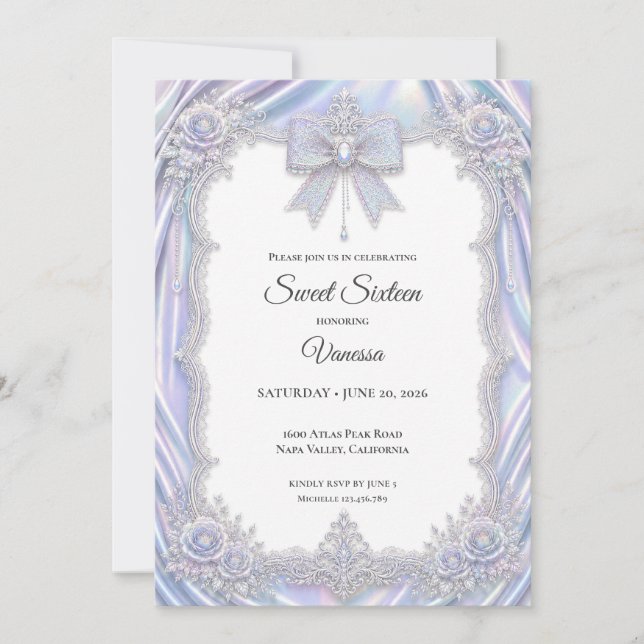 Elegant Iridescent Bow Sweet 16 Invitation (Front)