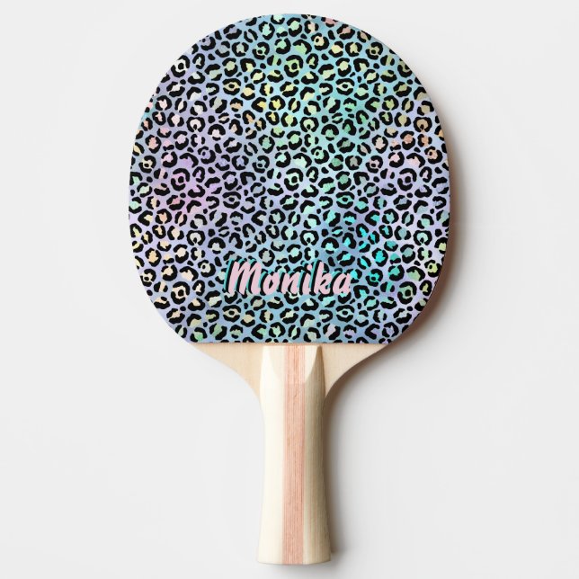 Elegant Iridescent Foil Glam Leopard 3D Monogram Ping Pong Paddle (Front)