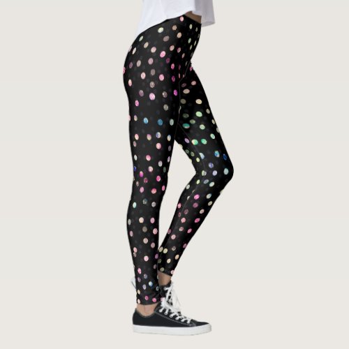Elegant Iridescent Glitter Dots Black Design Leggings