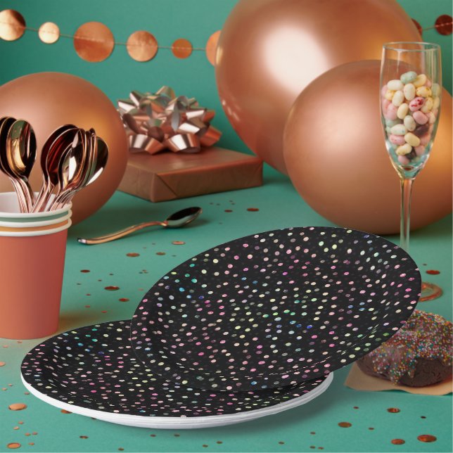 Elegant Iridescent Glitter Dots Black Design Paper Plates (Multi)