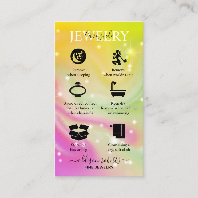 Elegant Iridescent Holographic Jewelry Care   Business Card (Front)