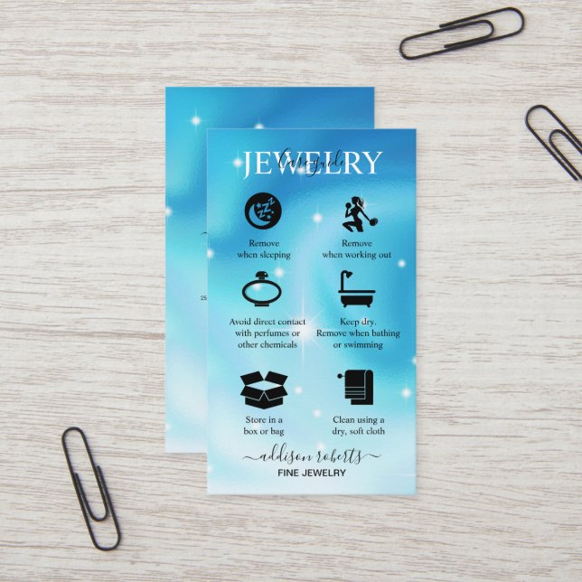 Elegant Iridescent Holographic Jewelry Care Business Card (Front/Back In Situ)