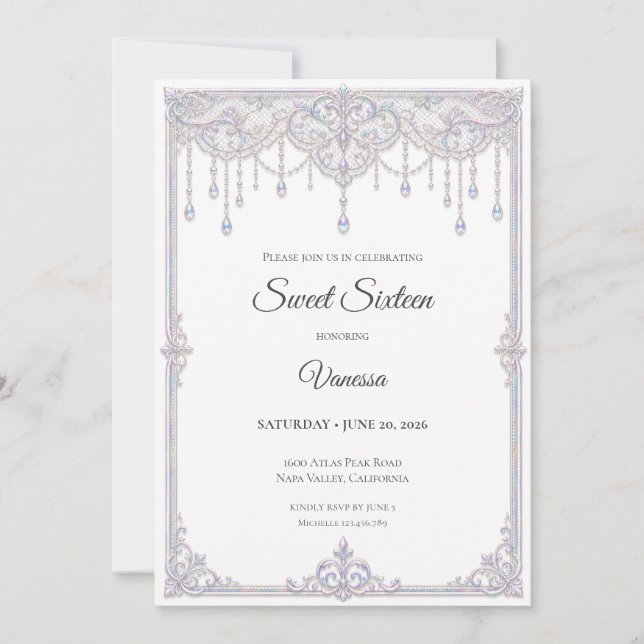 Elegant Iridescent Lace Sweet 16 Invitation (Front)