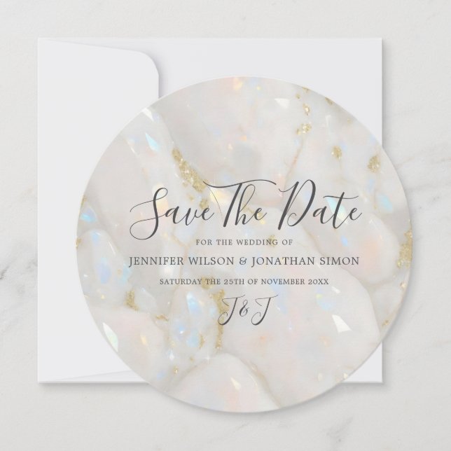 Elegant Iridescent Opal Gemstone Marble Modern Save The Date (Front)
