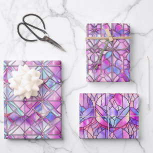 Elegant Iridescent Pink Faux Stained Glass Pattern Wrapping Paper Sheets