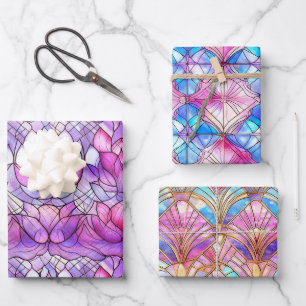 Elegant Iridescent Pink Faux Stained Glass Pattern Wrapping Paper Sheets