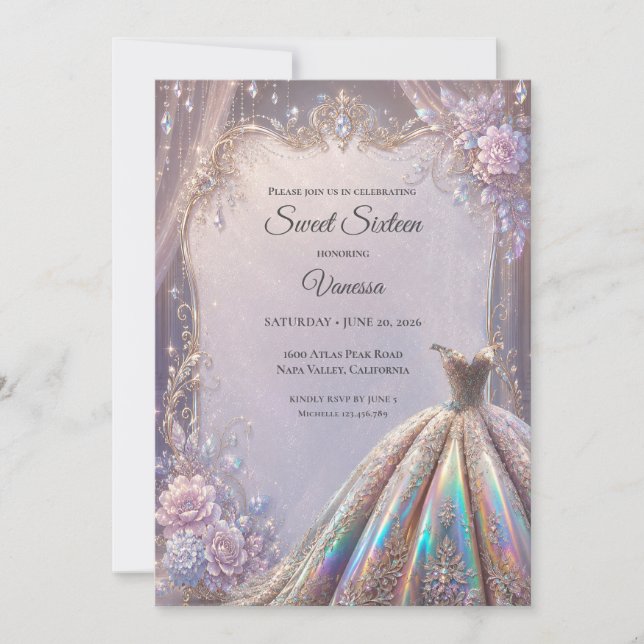 Elegant Iridescent Princess Sweet 16 Invitation (Front)
