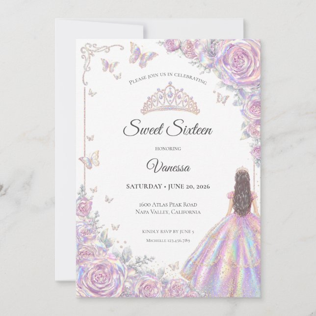 Elegant Iridescent Princess Sweet 16 Invitation (Front)