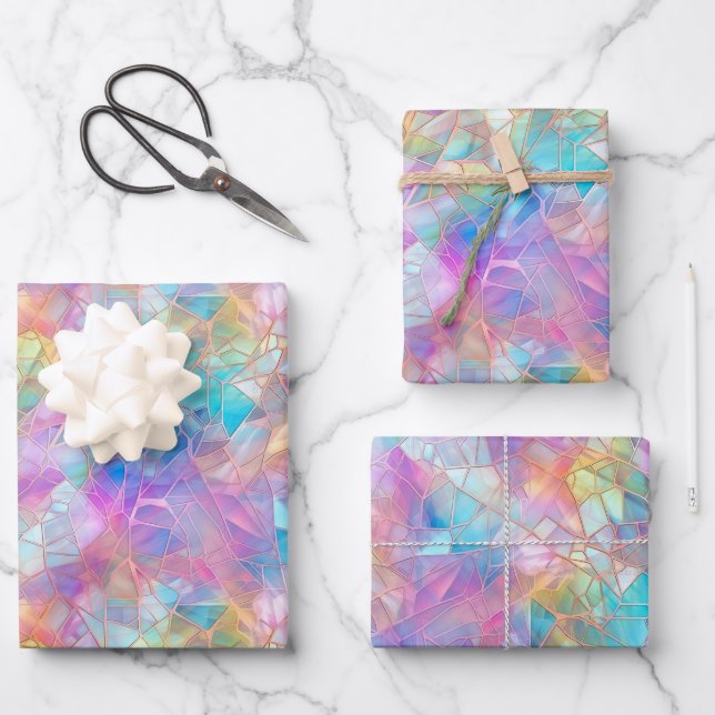 Elegant Iridescent Stained Glass Pattern: Luminous Wrapping Paper Sheets (Front)