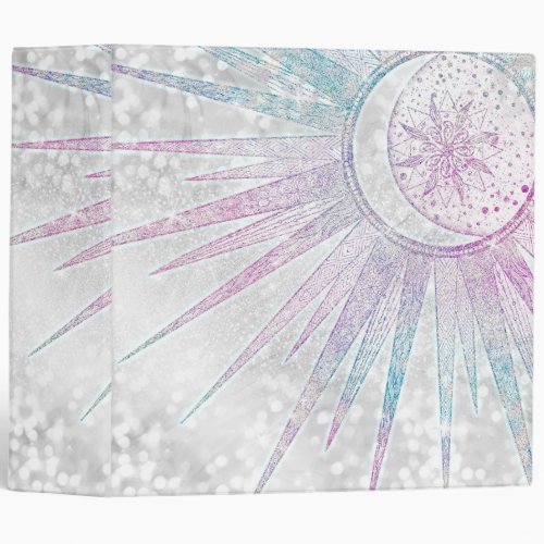 Elegant Iridescent Sun Moon Mandala Silver Design 3 Ring Binder