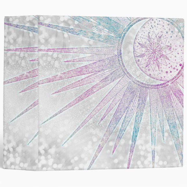 Elegant Iridescent Sun Moon Mandala Silver Design 3 Ring Binder (Front/Spine)