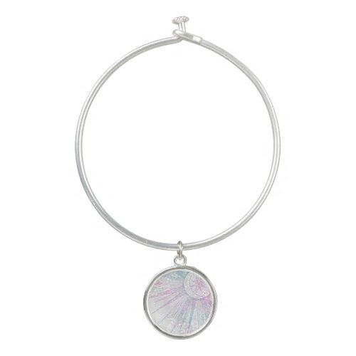 Elegant Iridescent Sun Moon Mandala Silver Design Bangle Bracelet