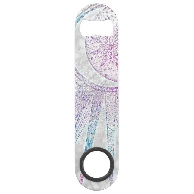 Elegant Iridescent Sun Moon Mandala Silver Design Bar Key (Front)