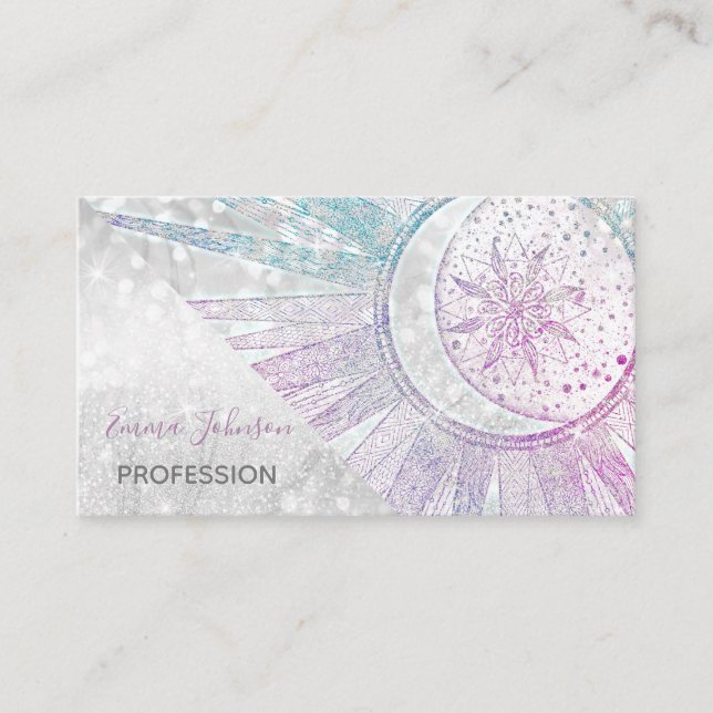 Elegant Iridescent Sun Moon Mandala Silver Design Business Card (Front)