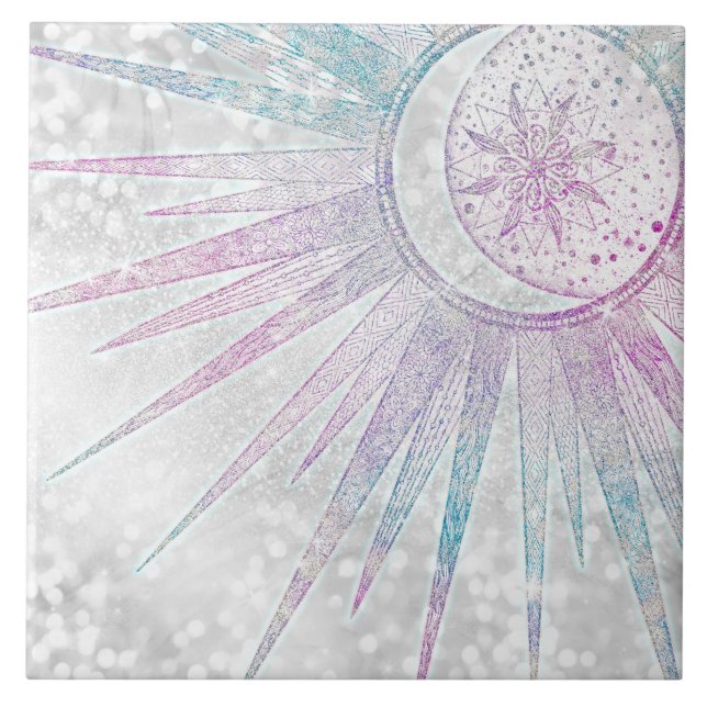 Elegant Iridescent Sun Moon Mandala Silver Design Ceramic Tile (Front)