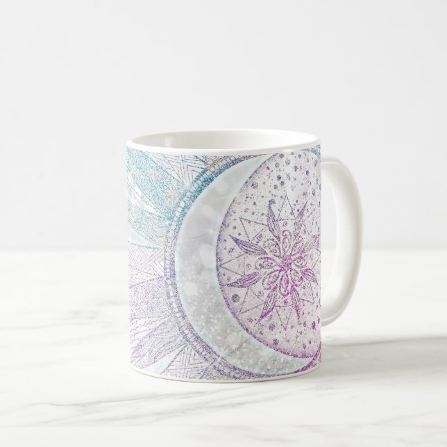 Elegant Iridescent Sun Moon Mandala Silver Design Coffee Mug (Front Right)