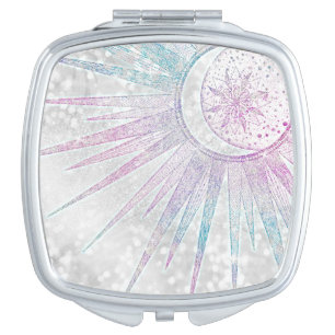 Elegant Iridescent Sun Moon Mandala Silver Design Compact Mirror
