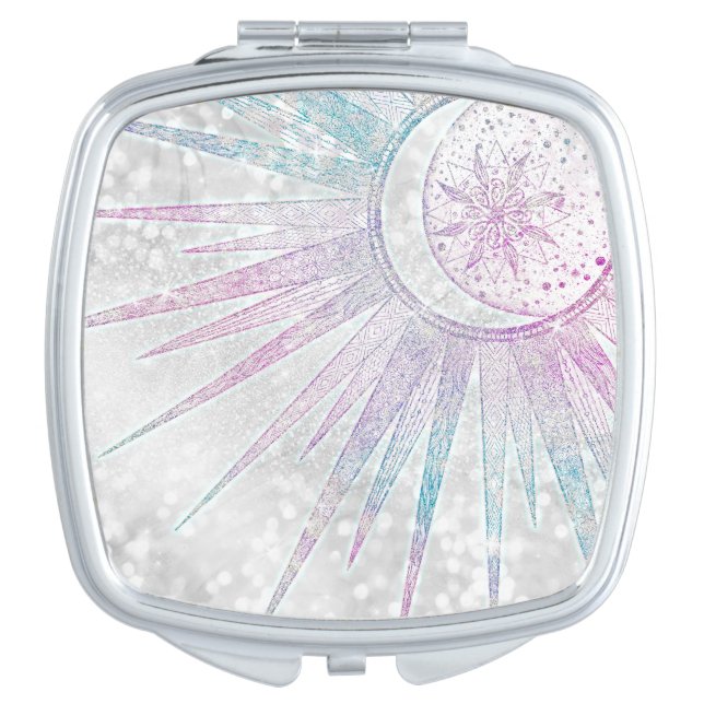 Elegant Iridescent Sun Moon Mandala Silver Design Compact Mirror (Front)