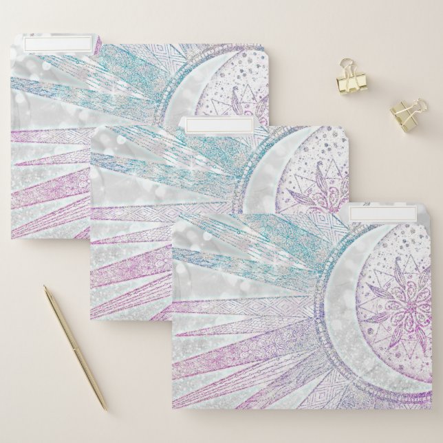 Elegant Iridescent Sun Moon Mandala Silver Design File Folder (Set)