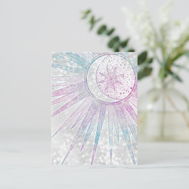 Elegant Iridescent Sun Moon Mandala Silver Design Holiday Postcard (Standing Front)