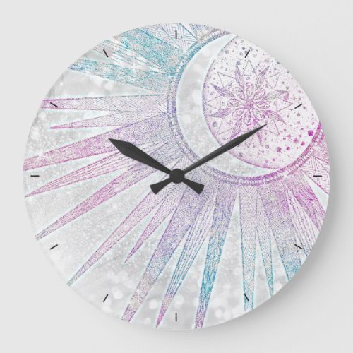 Elegant Iridescent Sun Moon Mandala Silver Design Large Clock