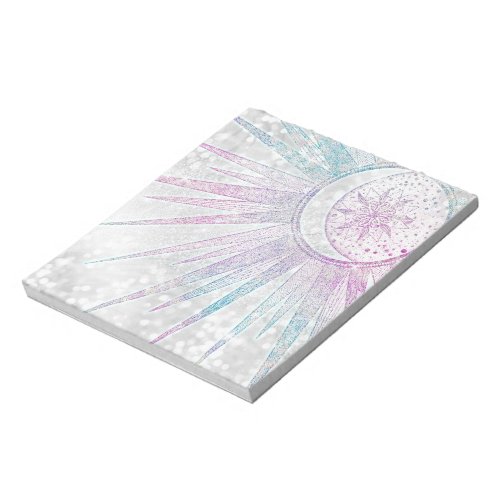 Elegant Iridescent Sun Moon Mandala Silver Design Notepad
