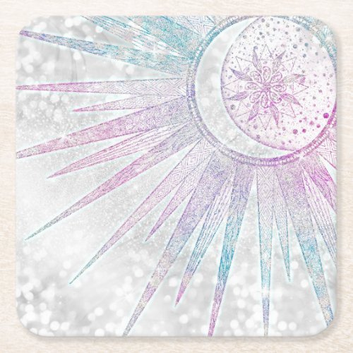 Elegant Iridescent Sun Moon Mandala Silver Design Square Paper Coaster