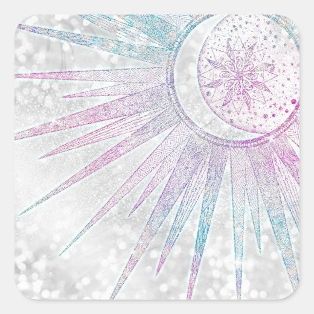 Elegant Iridescent Sun Moon Mandala Silver Design Square Sticker (Front)