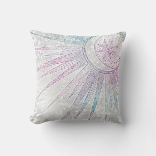 Elegant Iridescent Sun Moon Mandala Silver Design Throw Pillow