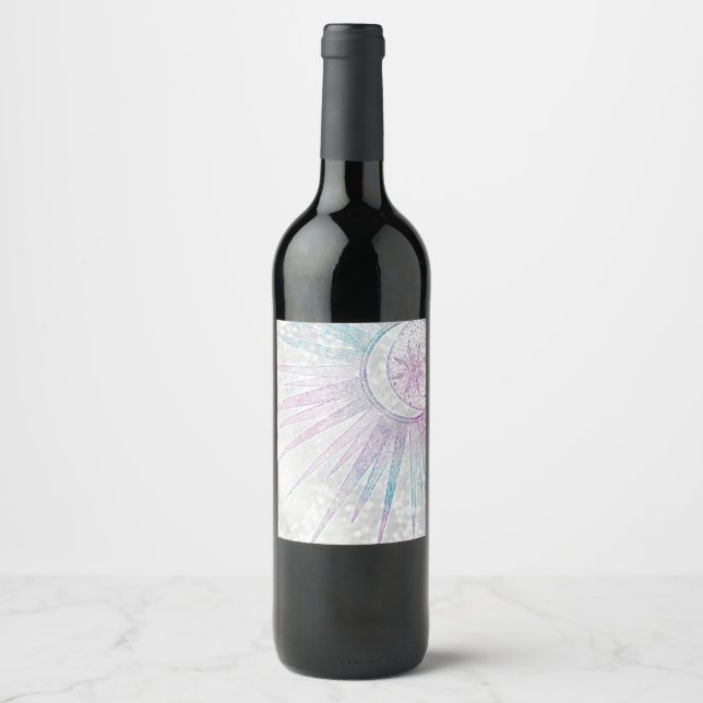 Elegant Iridescent Sun Moon Mandala Silver Design Wine Label (Front)