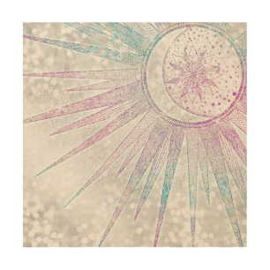 Elegant Iridescent Sun Moon Mandala Silver Design Wood Wall Art