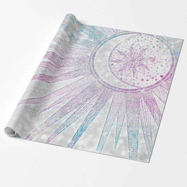 Elegant Iridescent Sun Moon Mandala Silver Design Wrapping Paper (Unrolled)