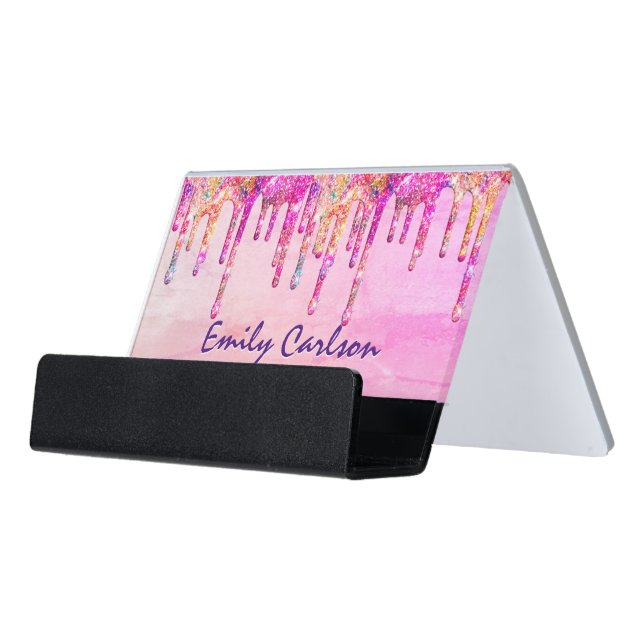 Elegant iridescent unicorn faux glitter drips desk business card holder (Angled Front)