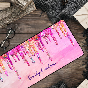 Elegant iridescent unicorn faux glitter drips desk mat