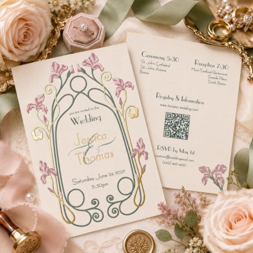 Elegant Iris Art Nouveau Wedding Gold Foil Invitation
