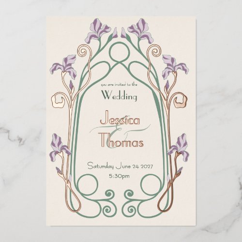 Elegant Iris Art Nouveau Wedding Rose Gold Foil Invitation