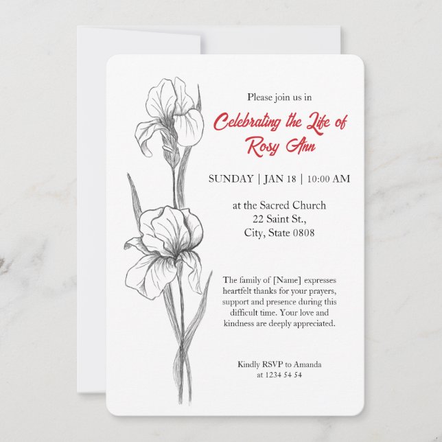 Elegant Iris "Celebrating the Life" Funeral Invitation (Front)