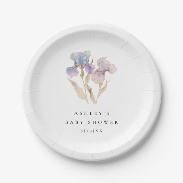 Elegant Iris Floral Baby Shower Paper Plates (Front)